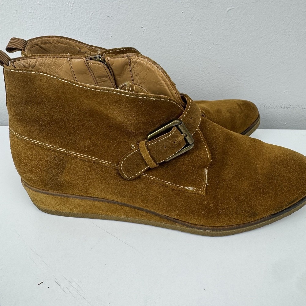 Franco Sarto Suede Wedge Booties Brown Buckle Strap Women's 8M Round Toe - Picture 9 of 16